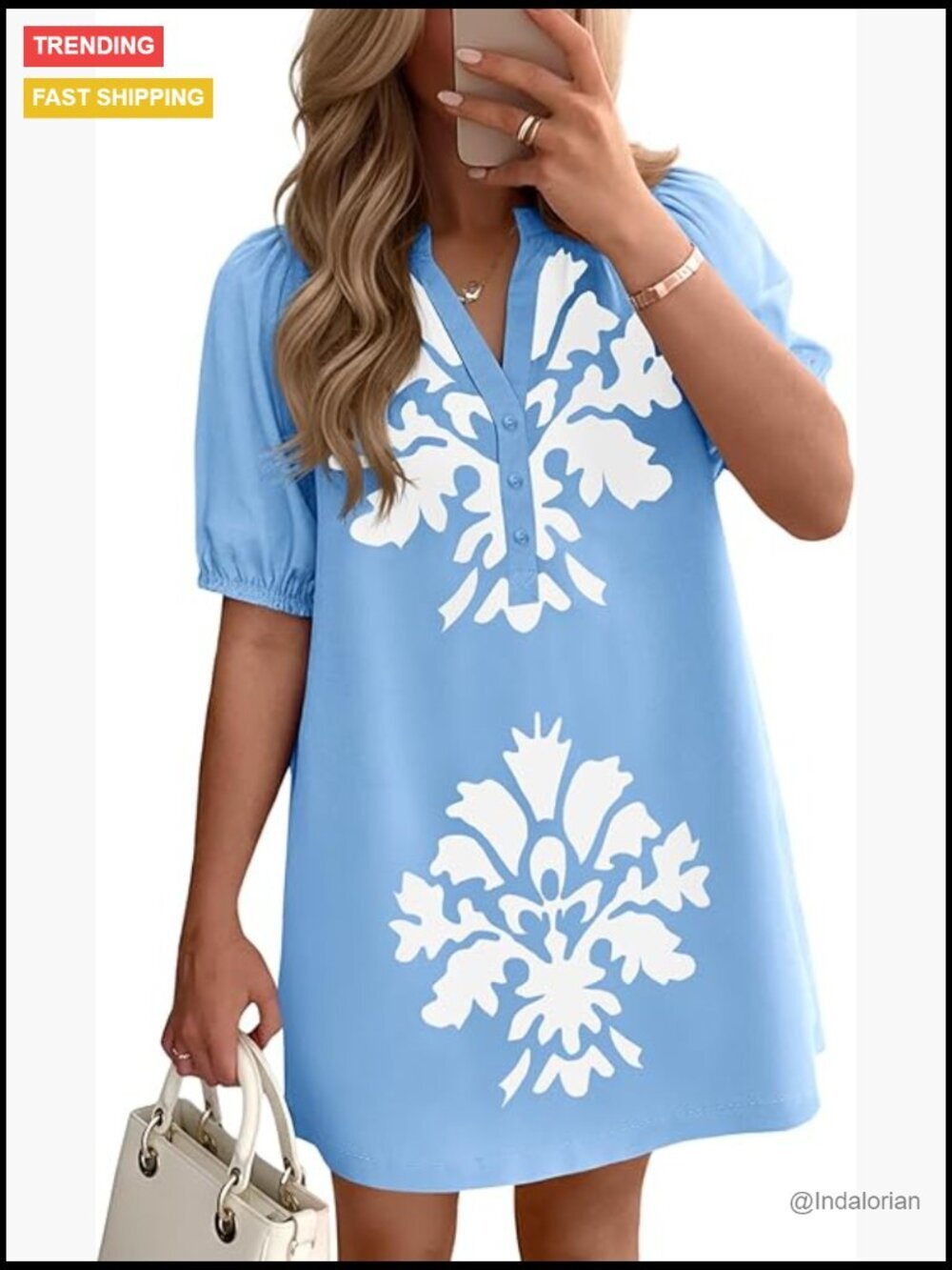 Puff Sleeve Mini Dress with Pockets, Floral Print, V-Neck - Picture 1 of 6
